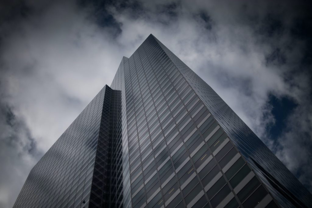 Bank headquarters gloomy sky